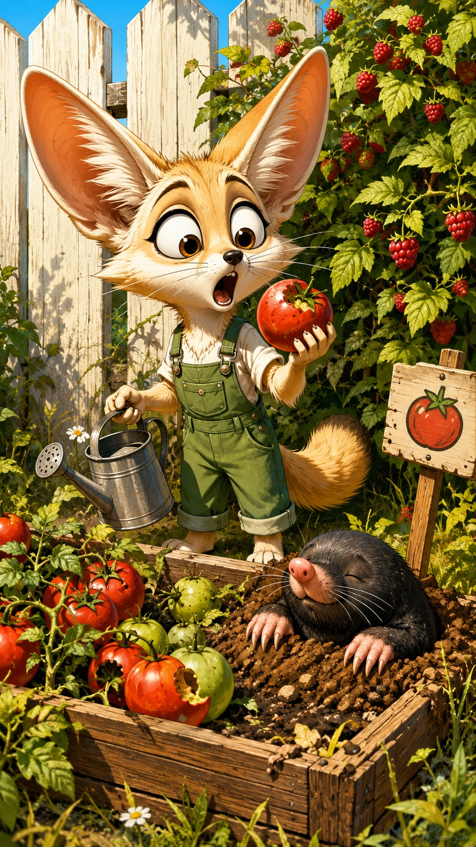 Zorro fénec antropomórfico regando tomates en un jardín soleado