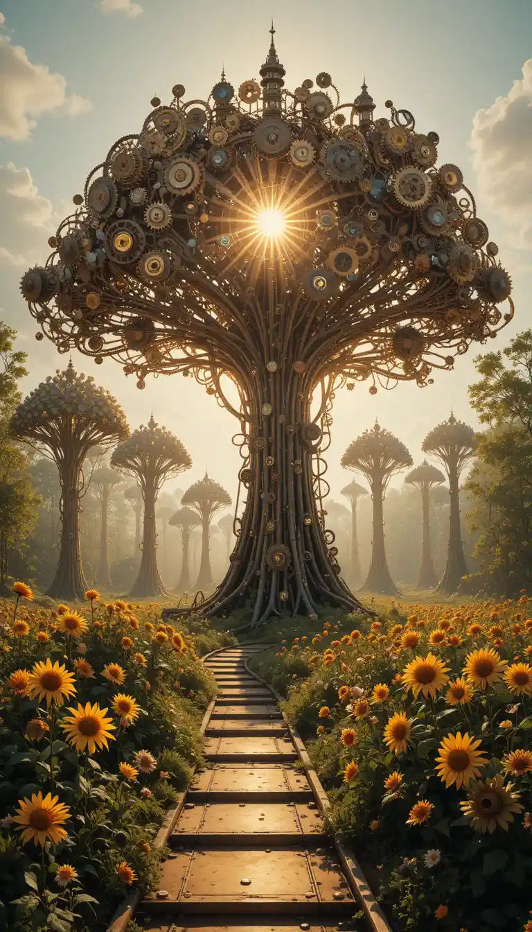 Surreal steampunk forest of towering mechanical gear trees