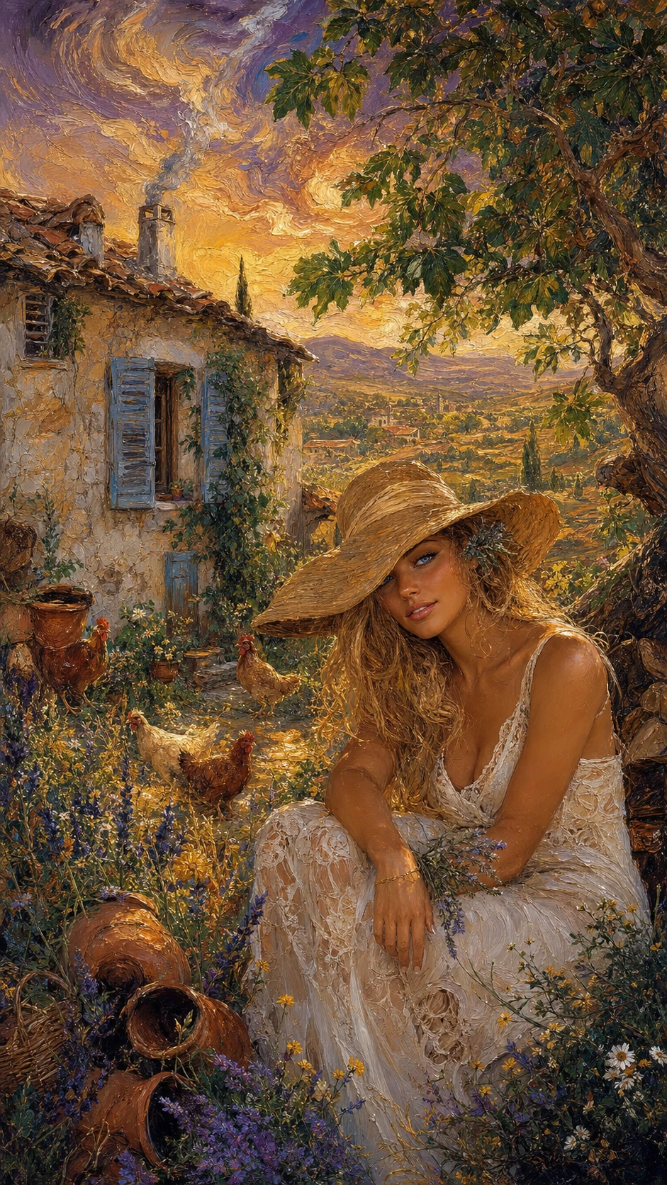 Woman in white dress in a rustic countryside garden