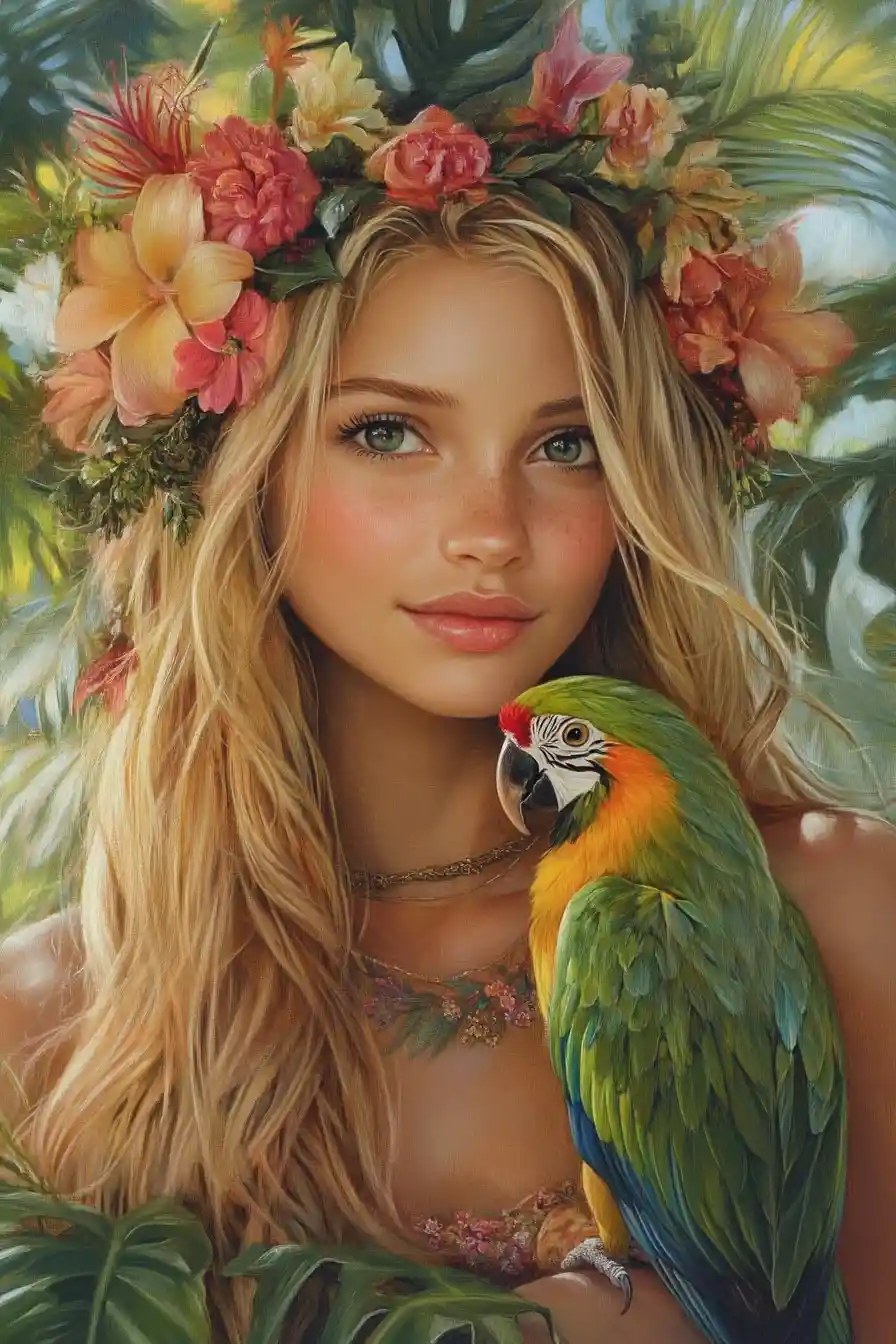 Blonde girl with parrot surrounded by lush rainforest flowers