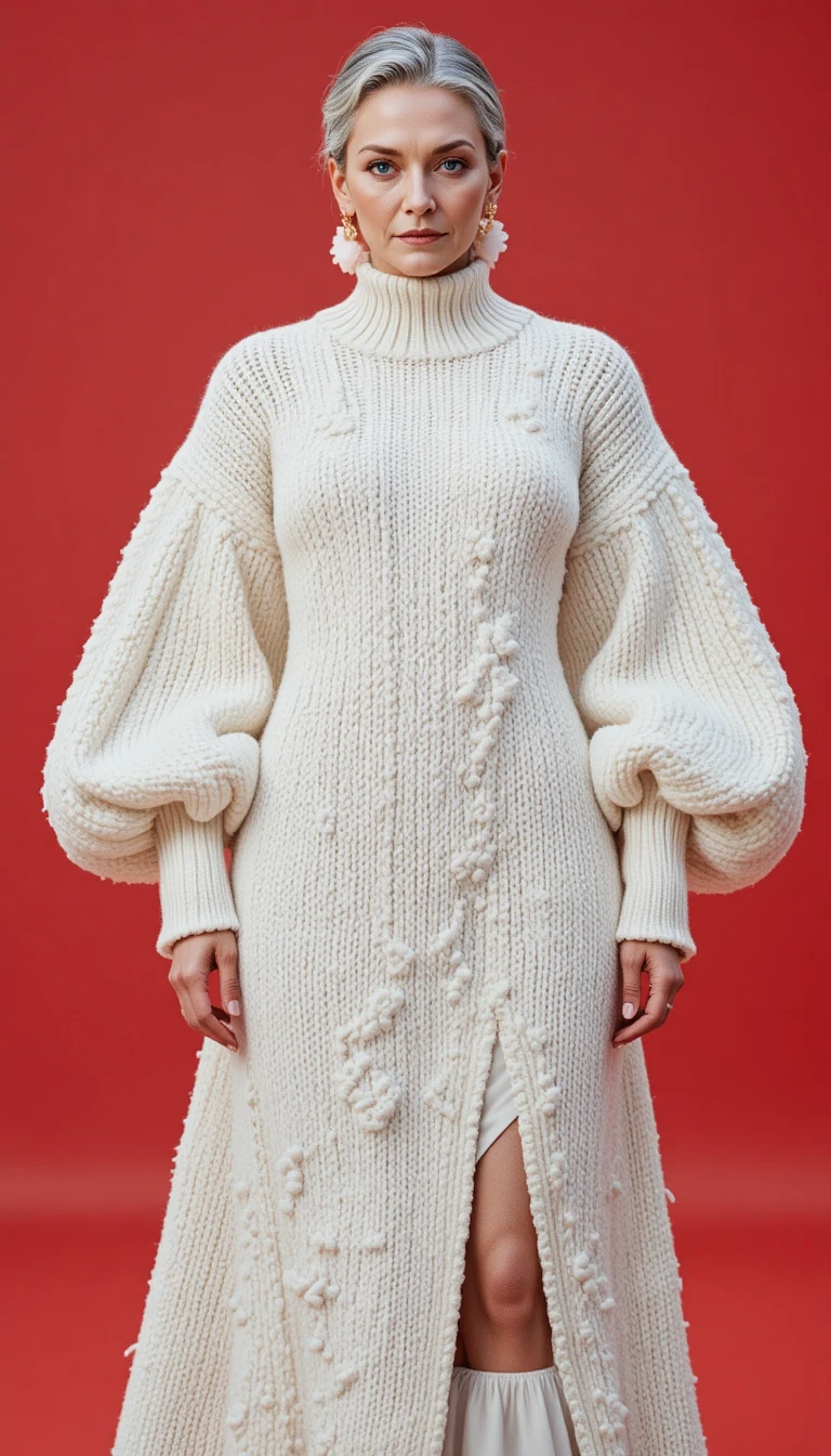 Confident older woman in ivory knit sweater dress
