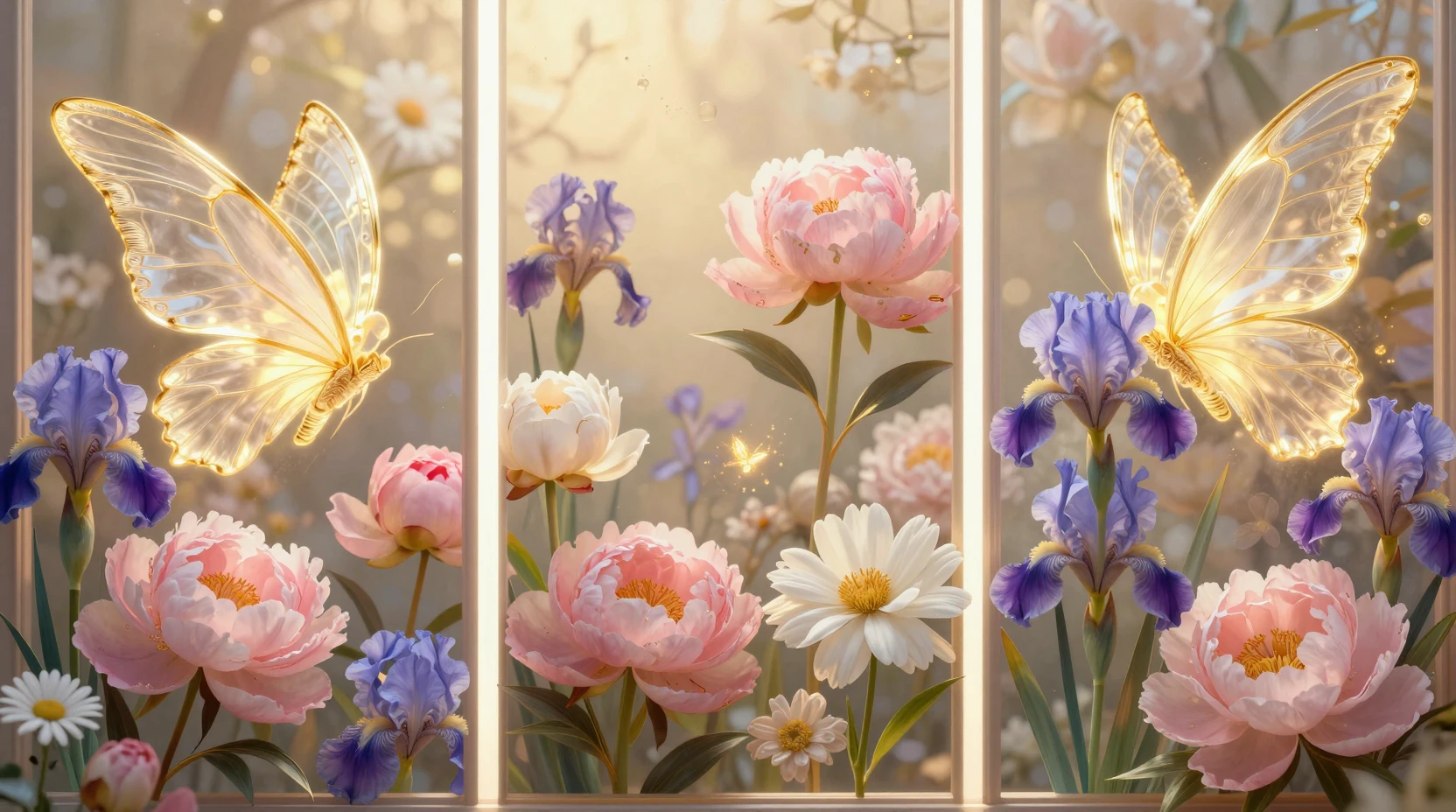 Ethereal triptych of luminous flowers in golden light