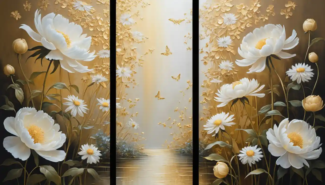 Ethereal Triptych Of Luminous Golden Fantasy Flowers