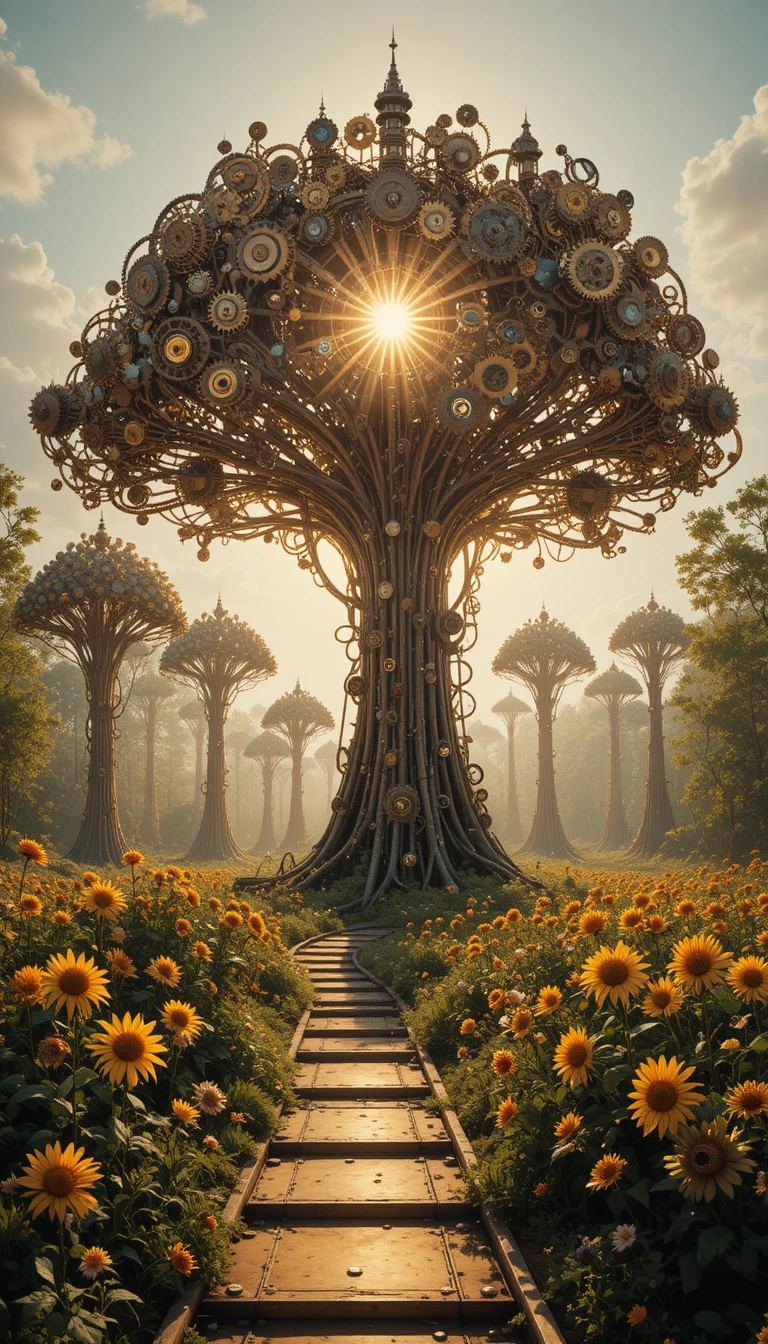 Surreal steampunk forest of towering mechanical gear trees
