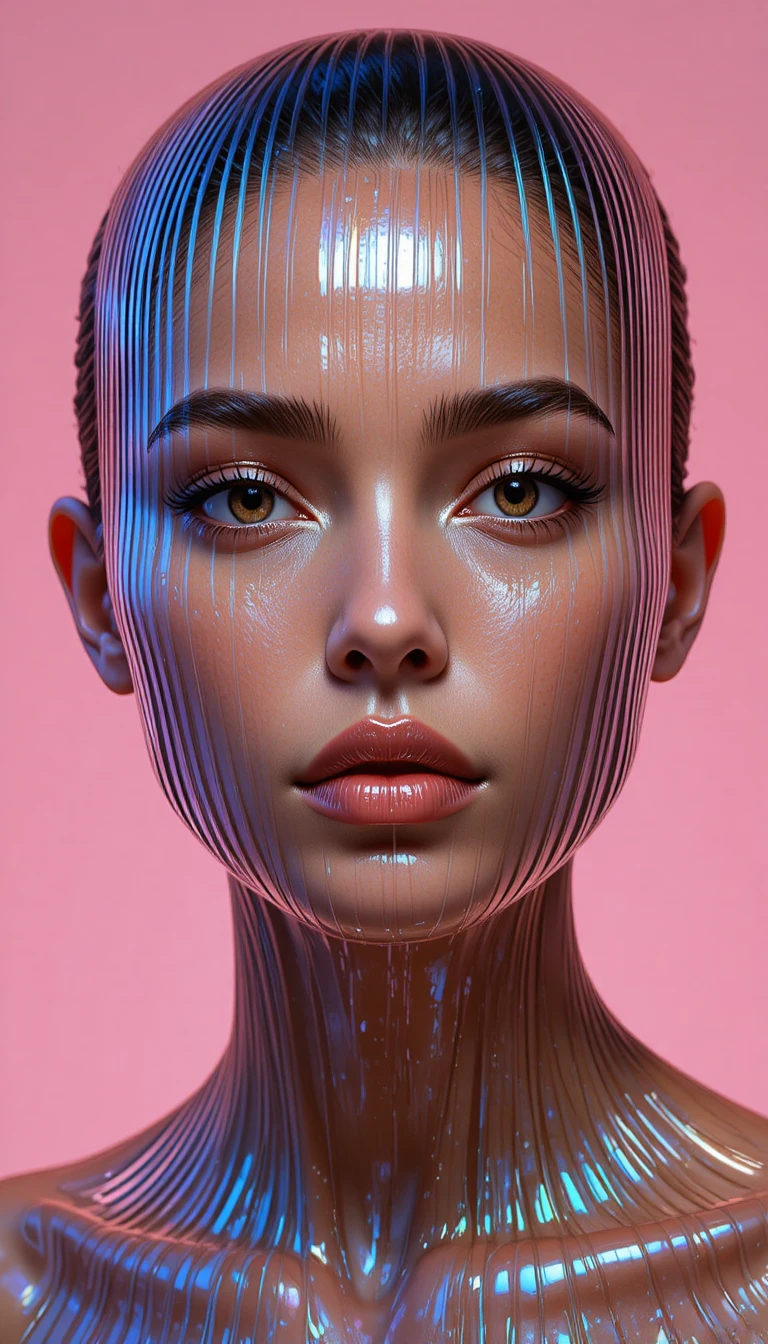 Close up portrait behind vertical fractal glass reflections