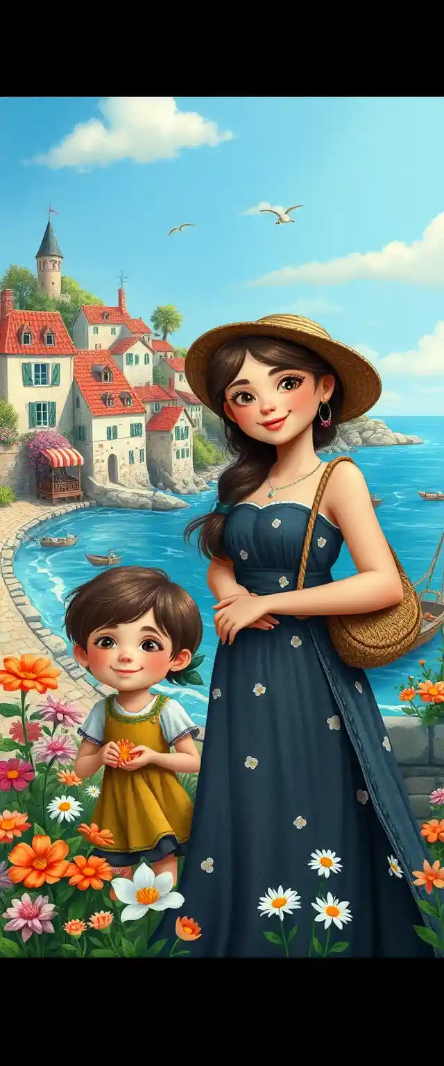 Whimsical summer portrait in a cozy coastal village