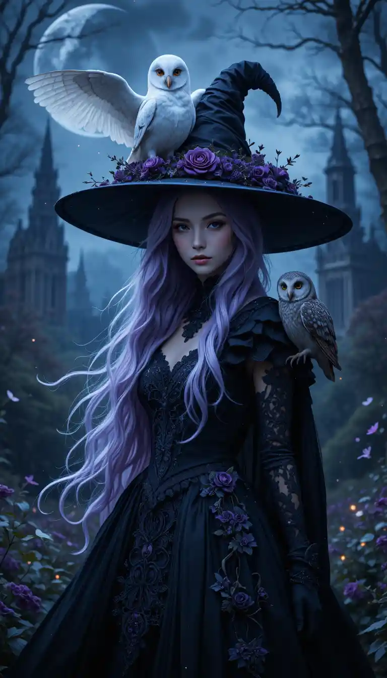 Mystical witch with owls beneath a crescent moon