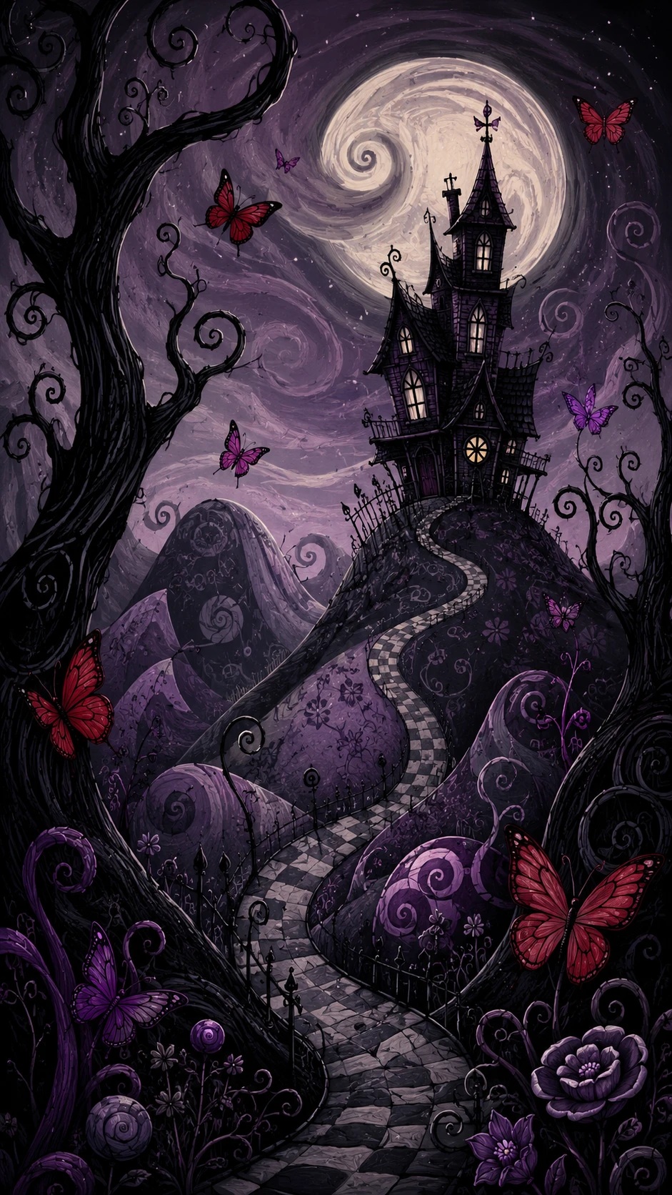 Paisaje de fantasía gótica con bosque retorcido y casa