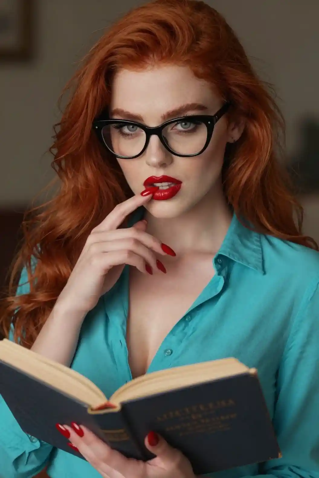 Red haired woman in glasses with book and bold makeup