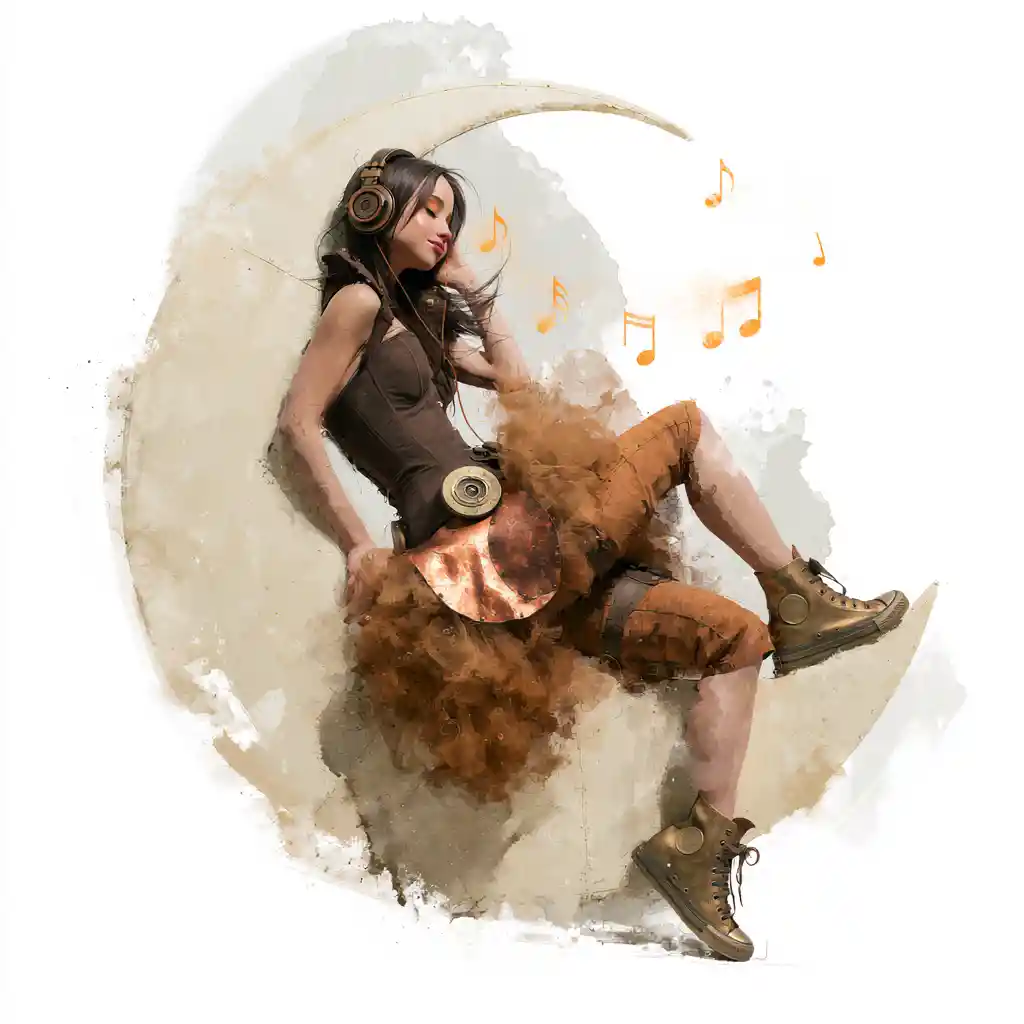 Steampunk woman resting on a crescent moon with music