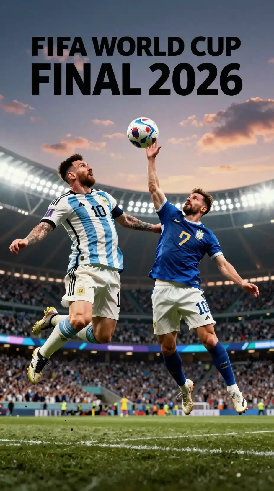 Dynamic football battle under stadium lights at dusk