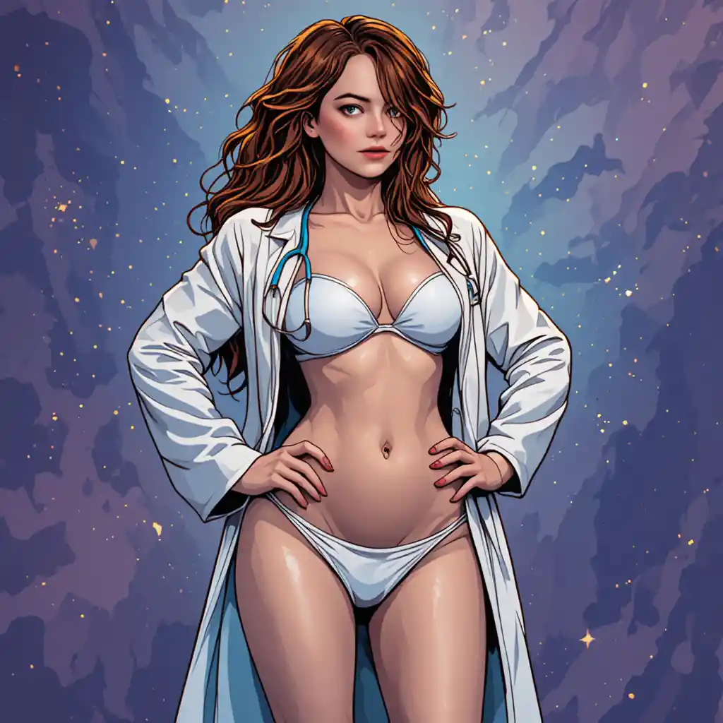 Curvy woman in white bikini and lab coat with stethoscope
