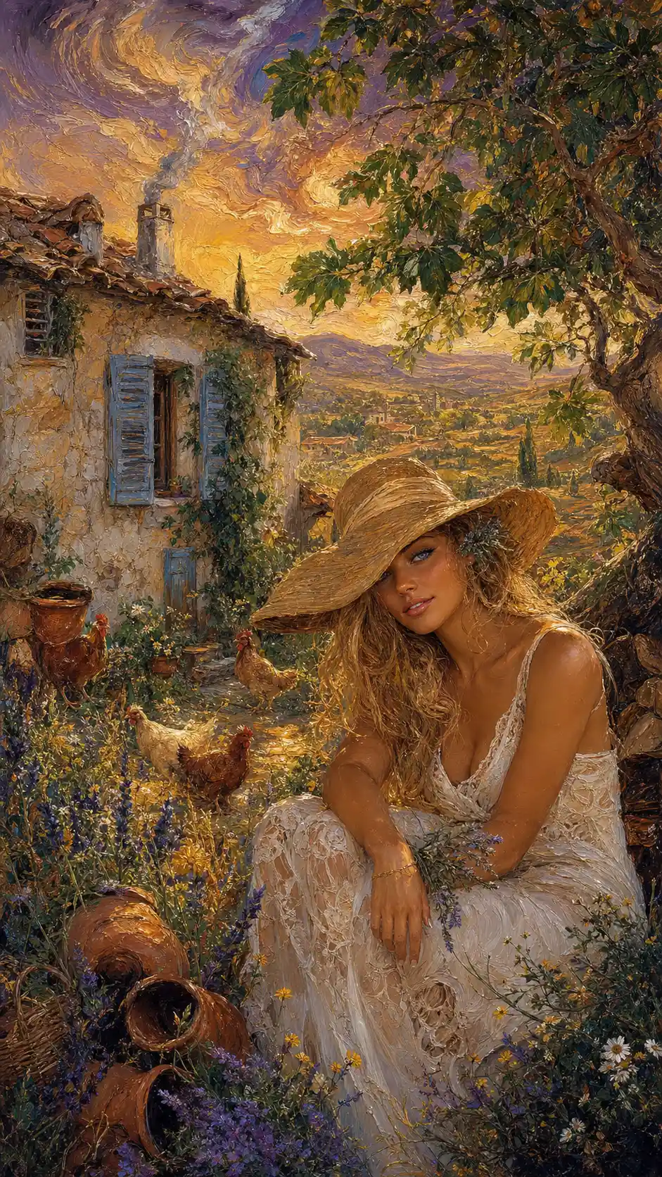 Woman in white dress in a rustic countryside garden