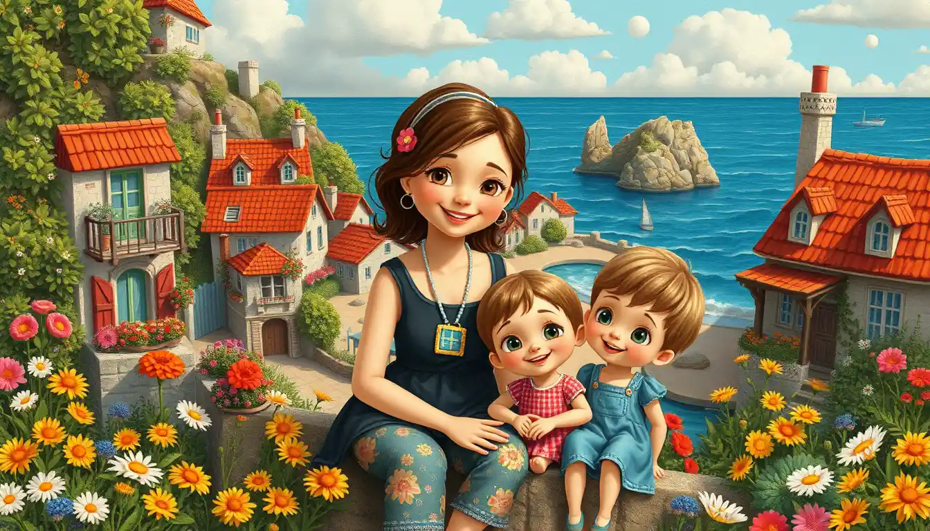 Whimsical summer portrait in a cozy coastal village setting