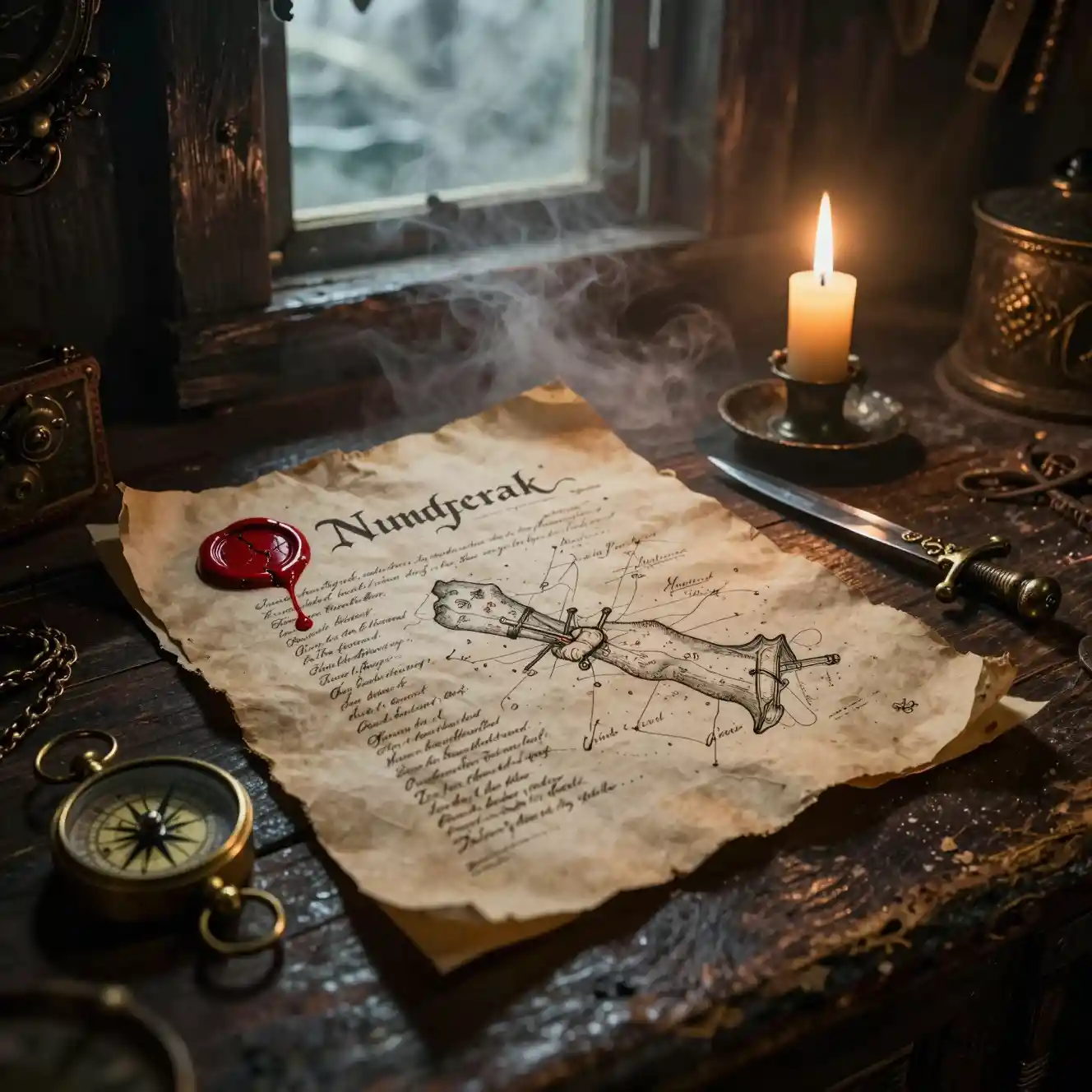 Secret treasure map on a pirate captains candlelit desk