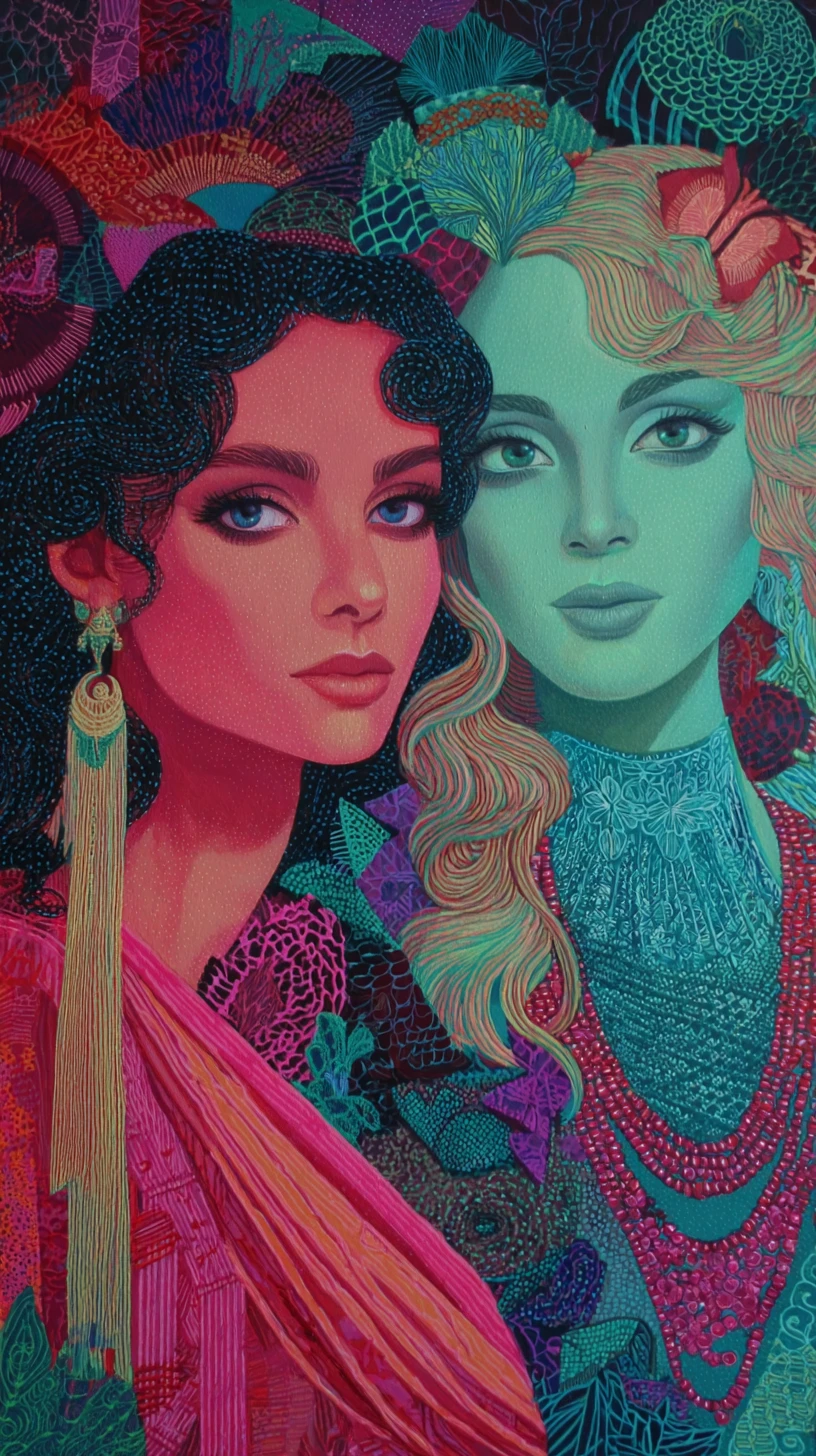 Dos mujeres decorativas en vibrante arte folclórico psicodélico