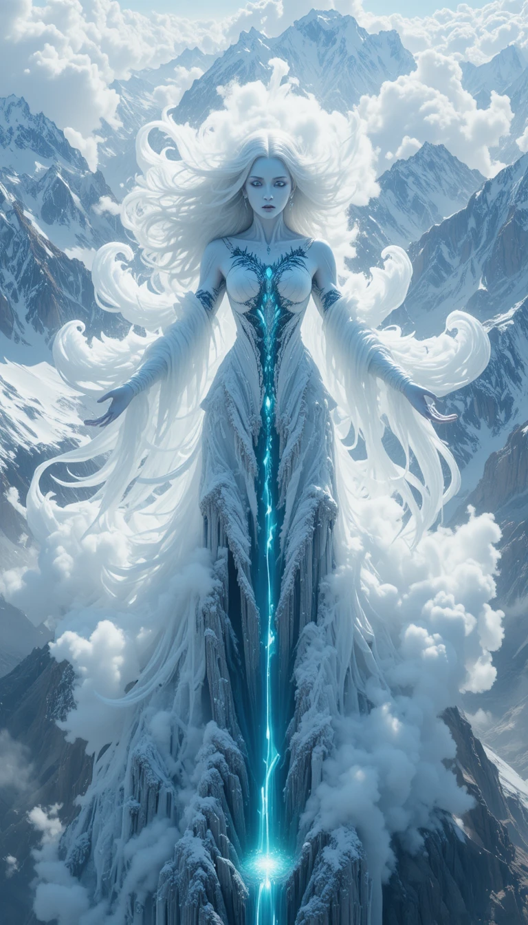 Ethereal stone goddess rising from snowy mountain peaks