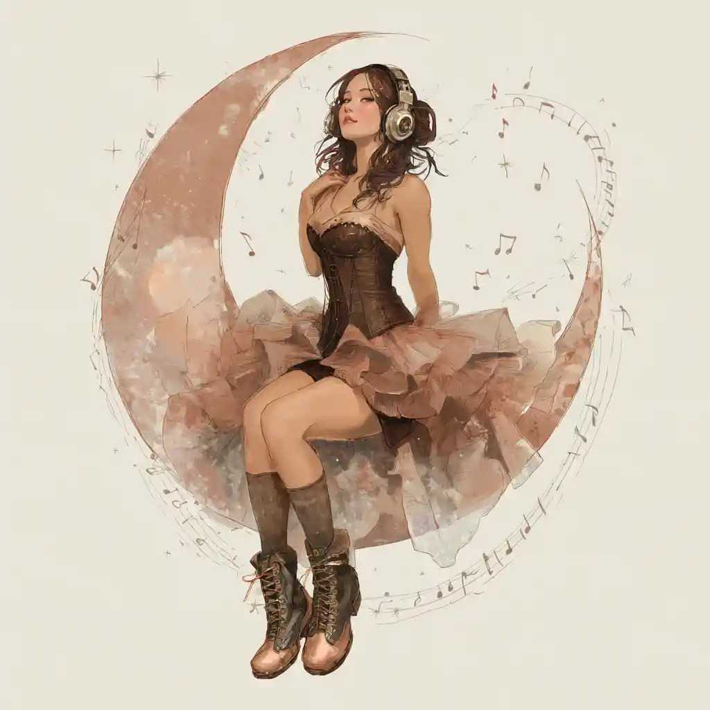 Steampunk-Frau, die mit Musik auf einer Mondsichel ruht