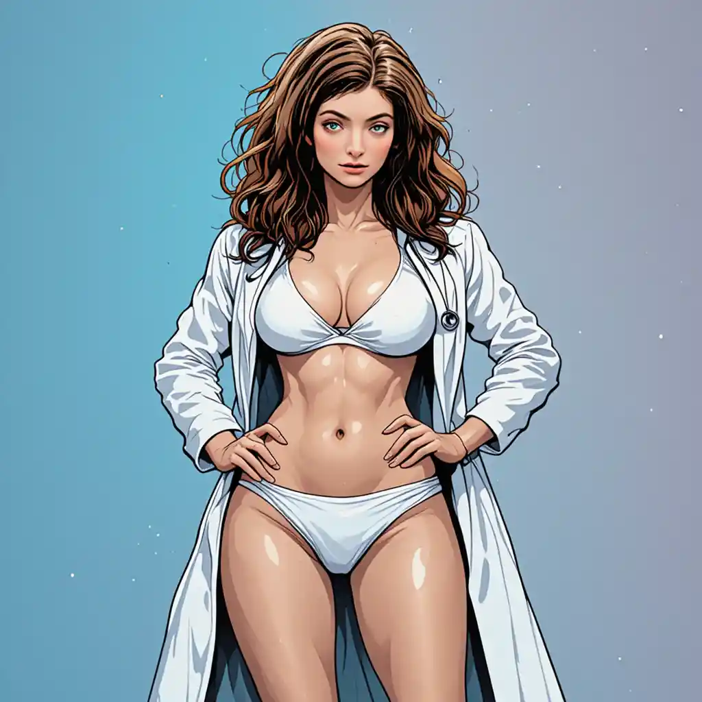 Curvy woman in white bikini and lab coat with stethoscope