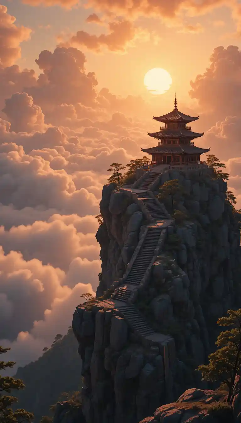 Mountain pagoda above a glowing sunset cloud sea