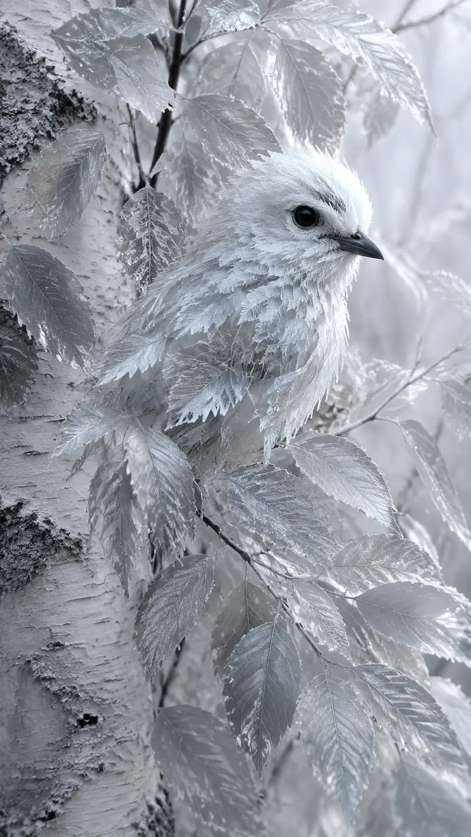 Bird Emerging From Frosted Leaves In Quiet Monochrome Scene