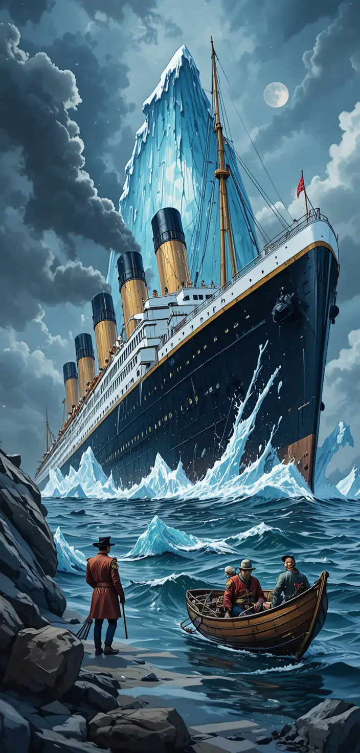 Transatlantico Titanic che si avvicina a un enorme iceberg oscuro