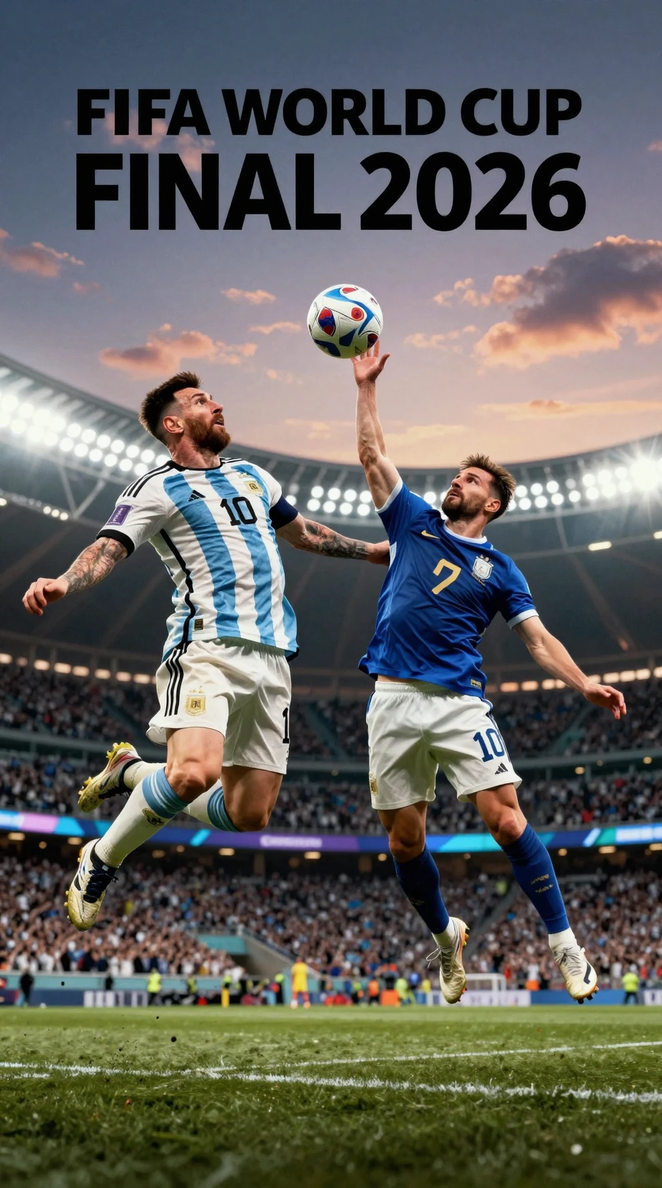 Dynamic football battle under stadium lights at dusk
