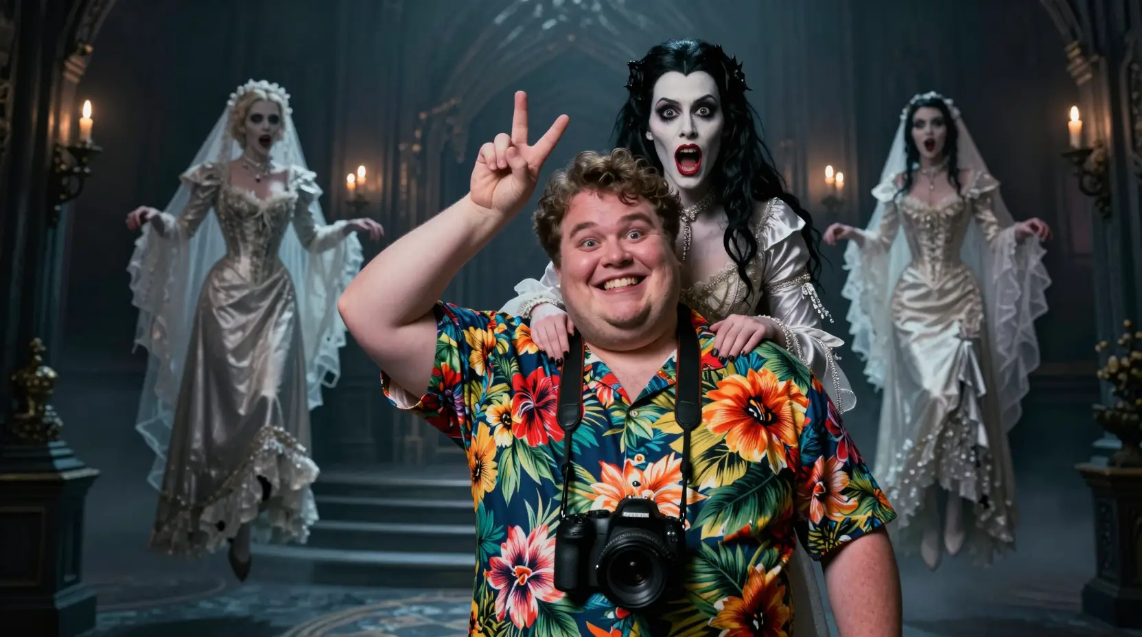 Tourist posing with vampire bride in a gothic castle hall