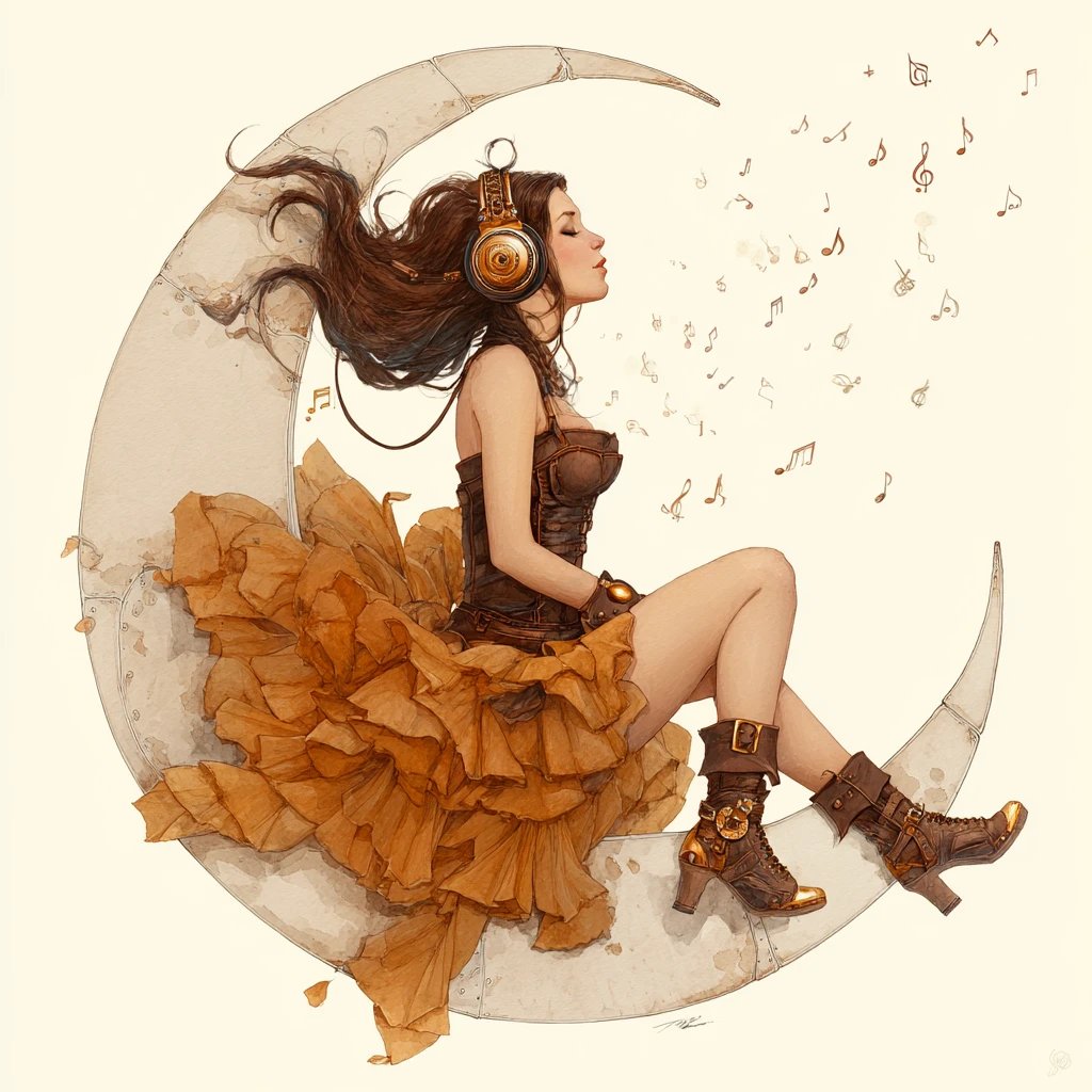 Steampunk woman listening to music on a crescent moon