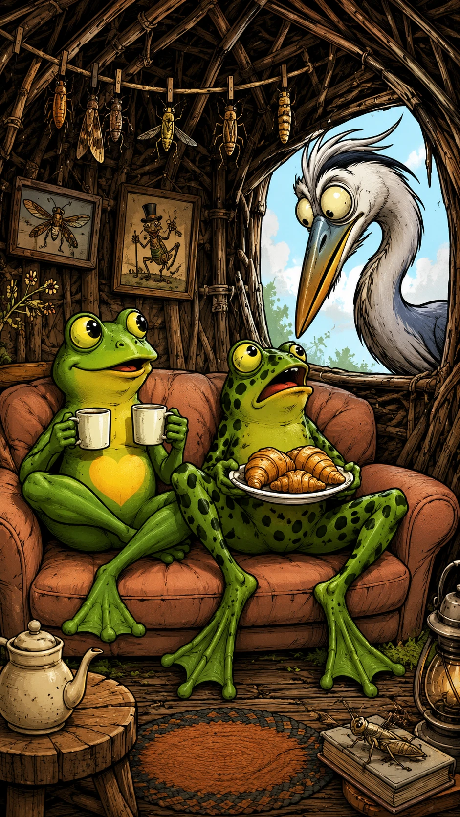 Two cute green frogs on a peach sofa in a twig hut