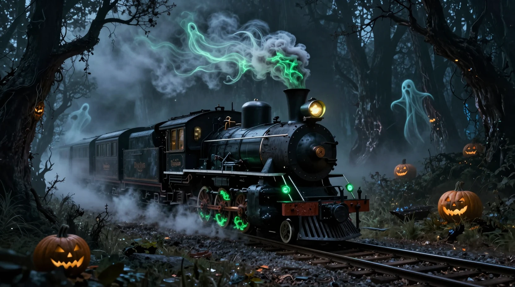 Ghost train glowing through a misty enchanted forest night