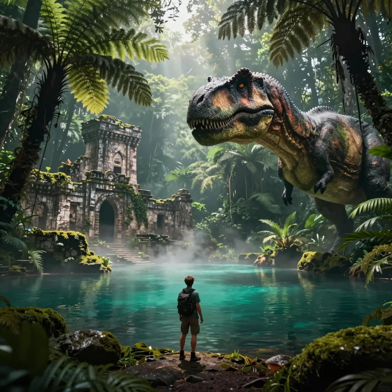 Explorer Faces Dinosaur Across Misty Jungle Lagoon
