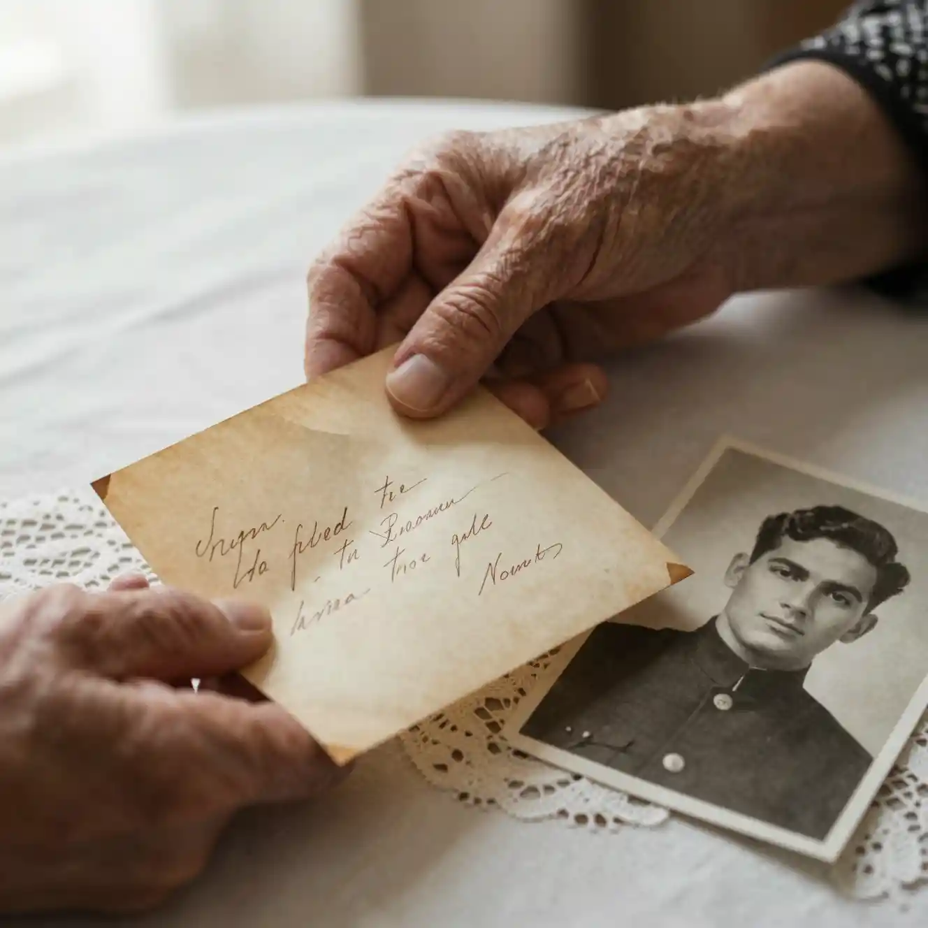 Elderly hands holding an old love letter on lace table