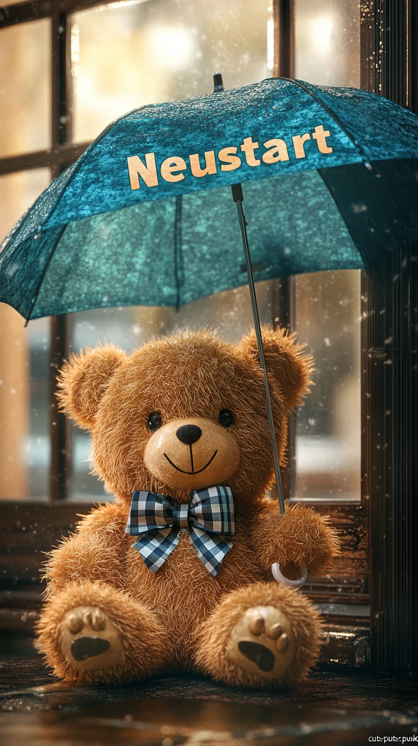 Adorable ourson en peluche sous un parapluie bleu-vert