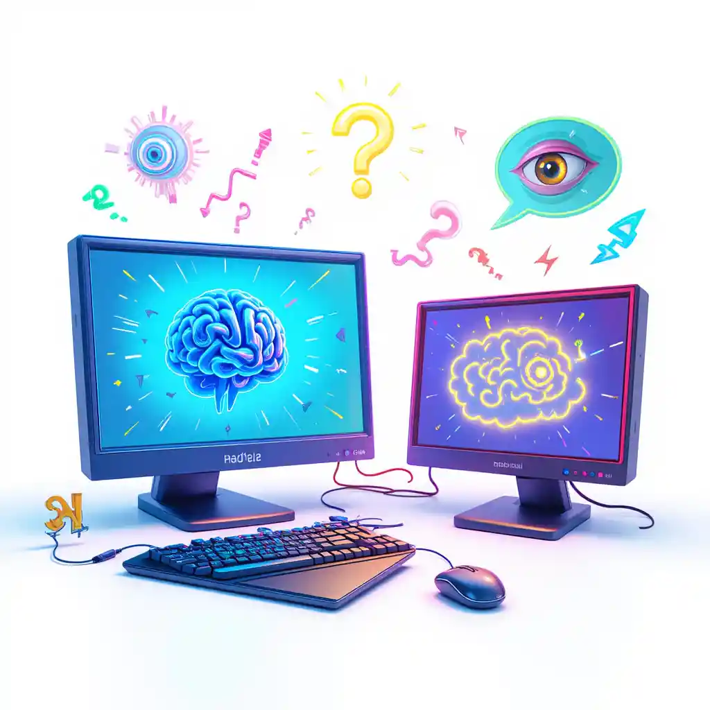 3d cartoon monitors with neon hallucination symbols