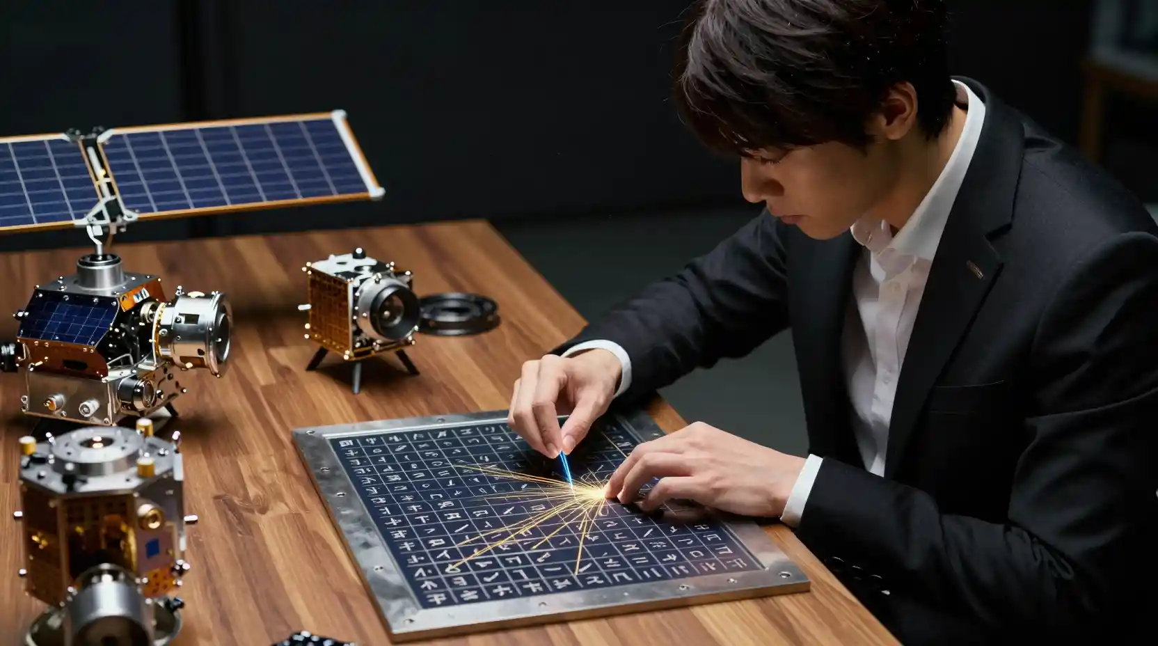 Asian man crafting runes on a high tech satellite