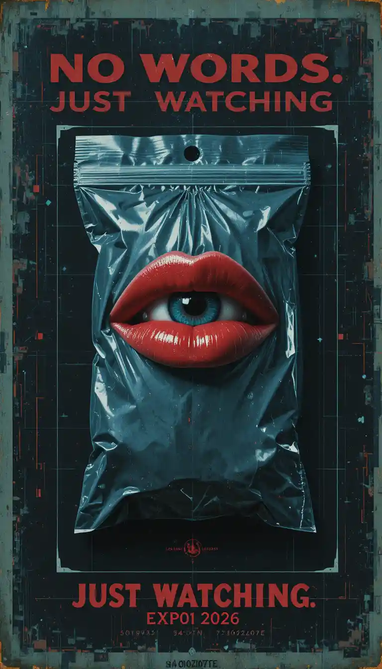 Surreal vintage poster with glossy red lips replacing an eye