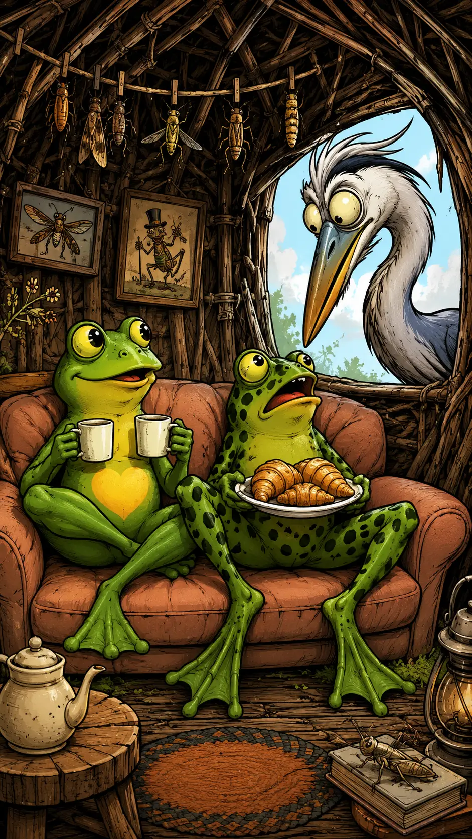 Two cute green frogs on a peach sofa in a twig hut