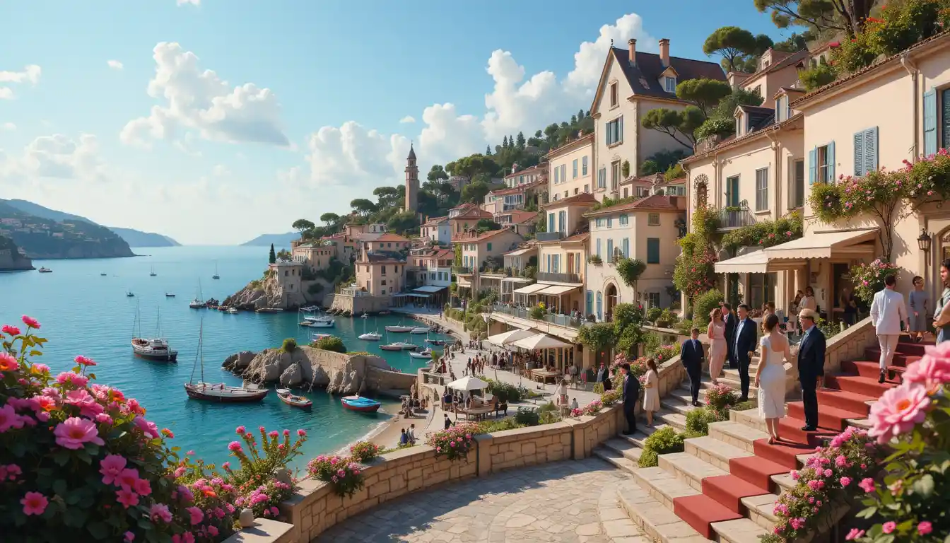 Whimsical summer coastal village with ocean and flowers