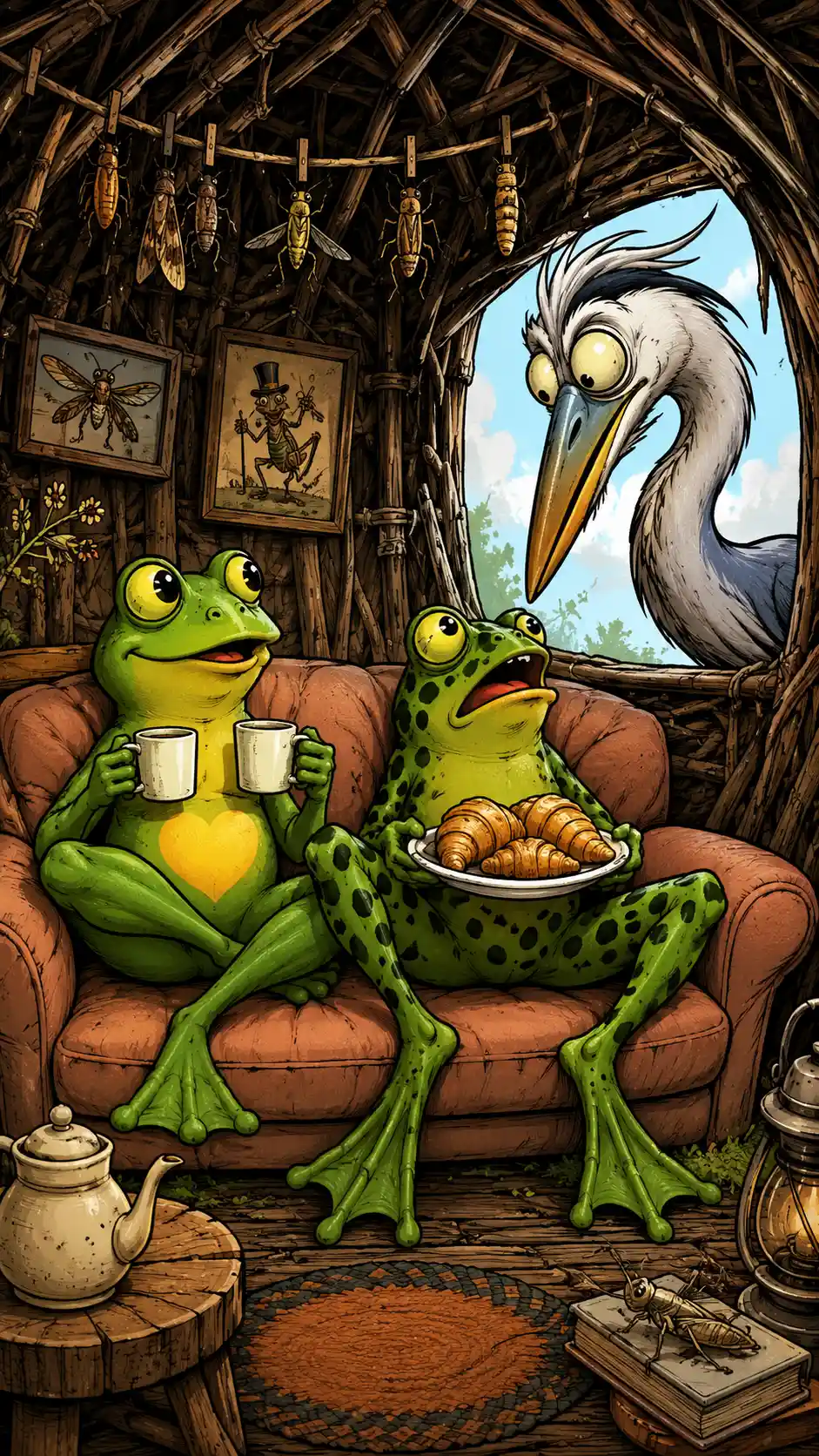Two cute green frogs on a peach sofa in a twig hut