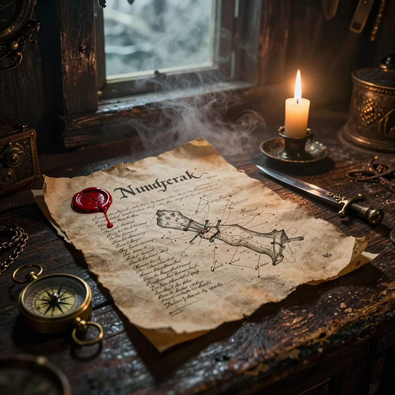 Secret treasure map on a pirate captains candlelit desk