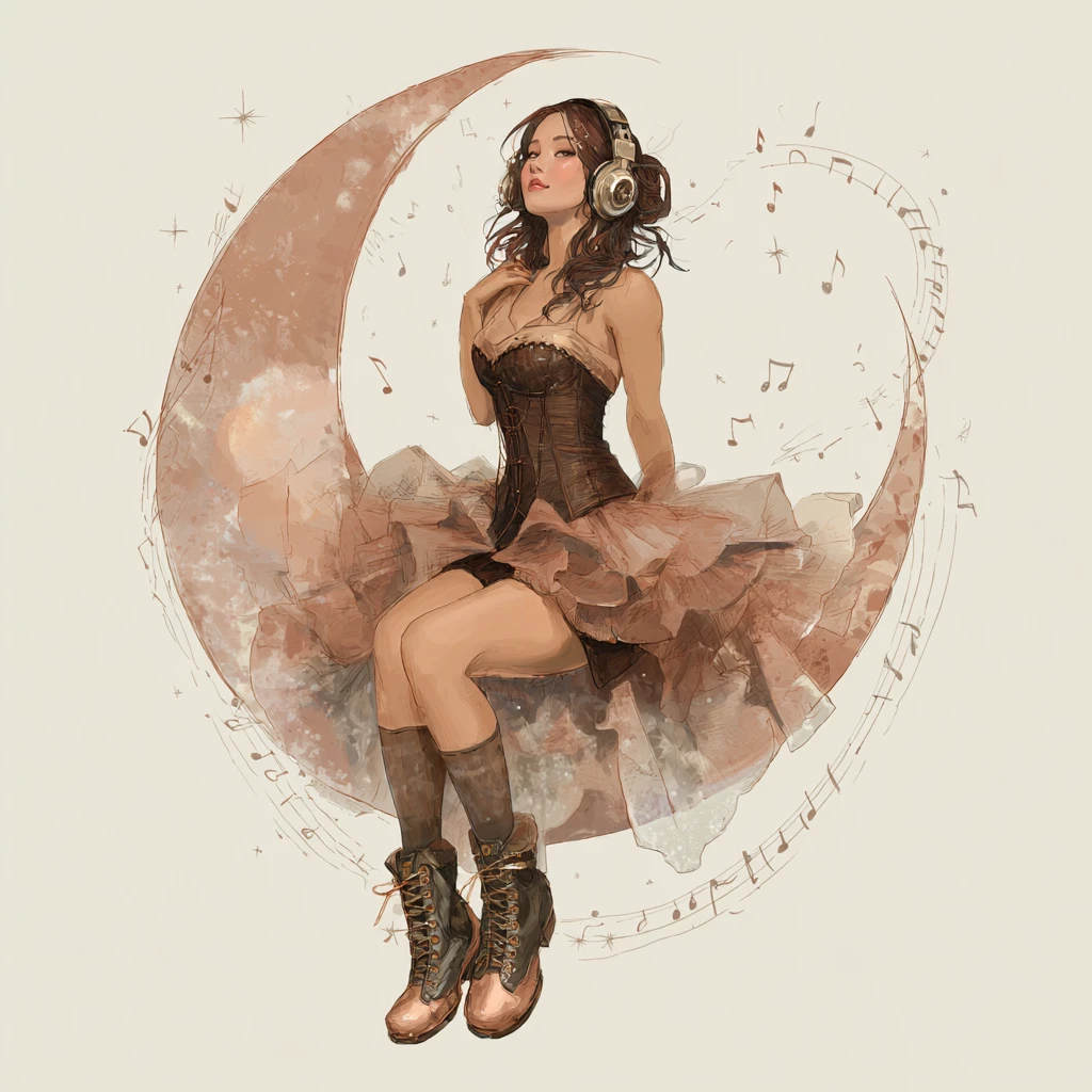 Mujer steampunk descansando en una luna creciente con música