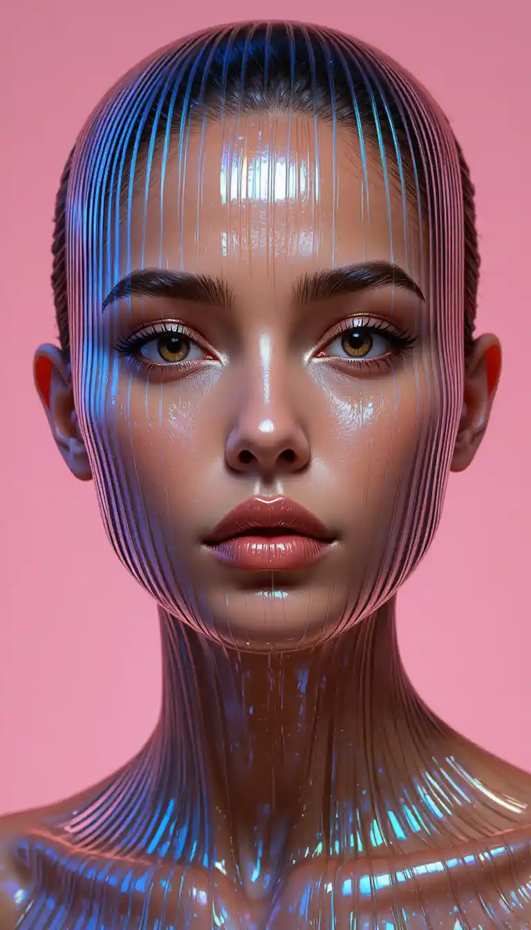 Close up portrait behind vertical fractal glass reflections