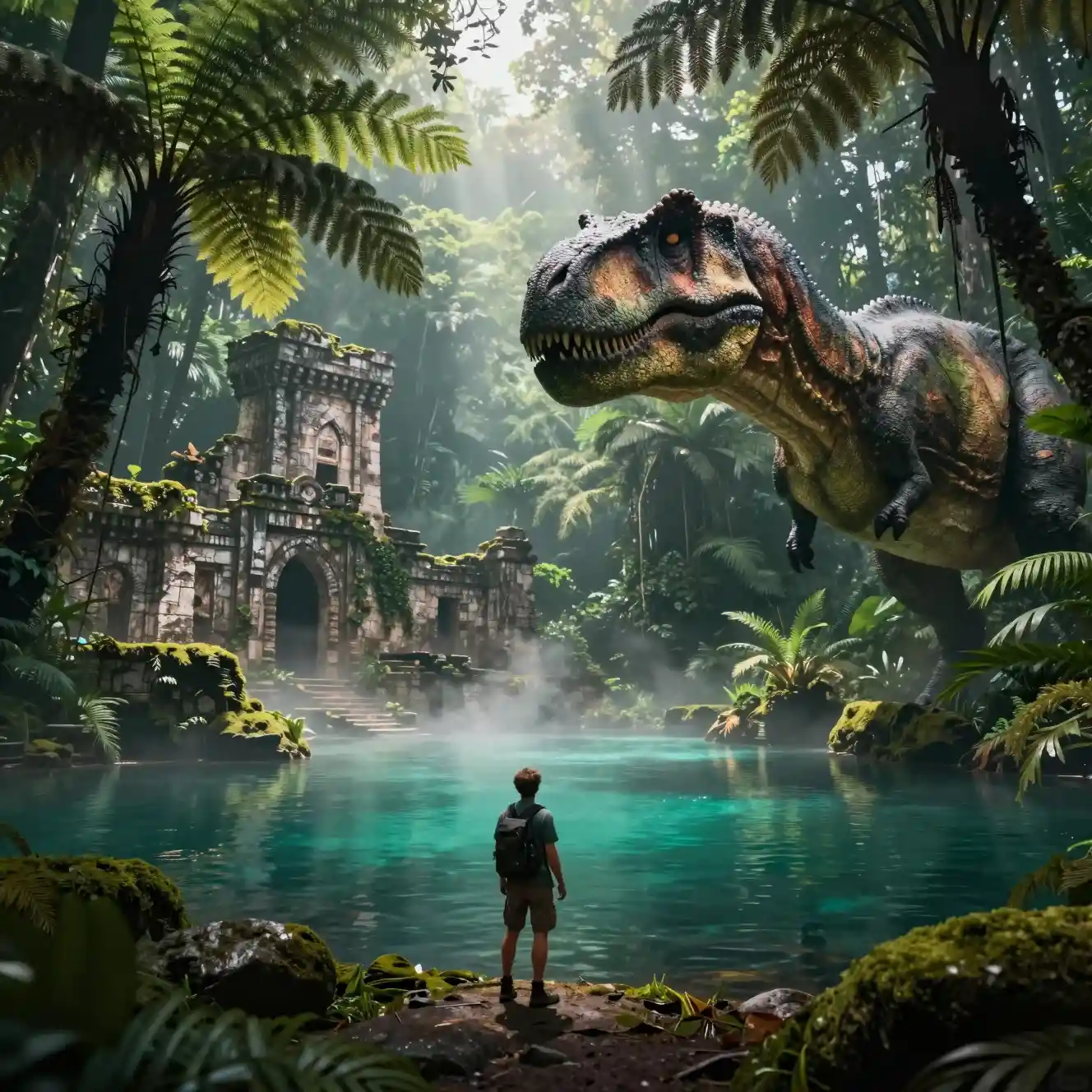 Explorer Faces Dinosaur Across Misty Jungle Lagoon