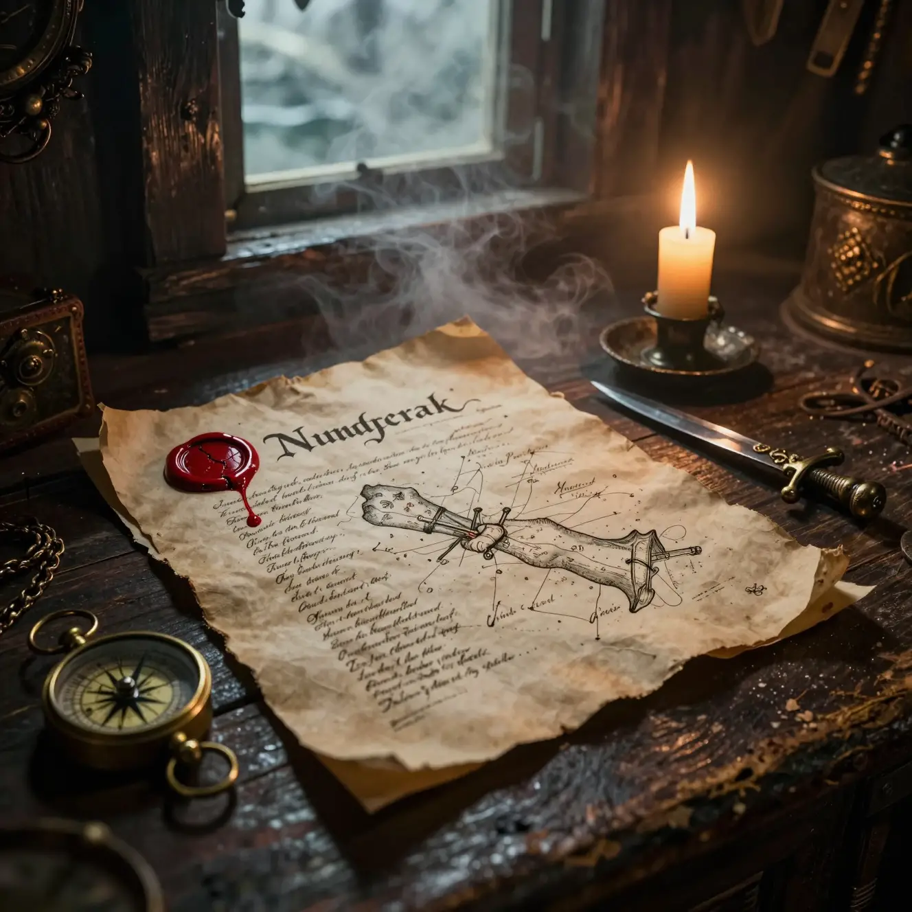 Secret treasure map on a pirate captains candlelit desk