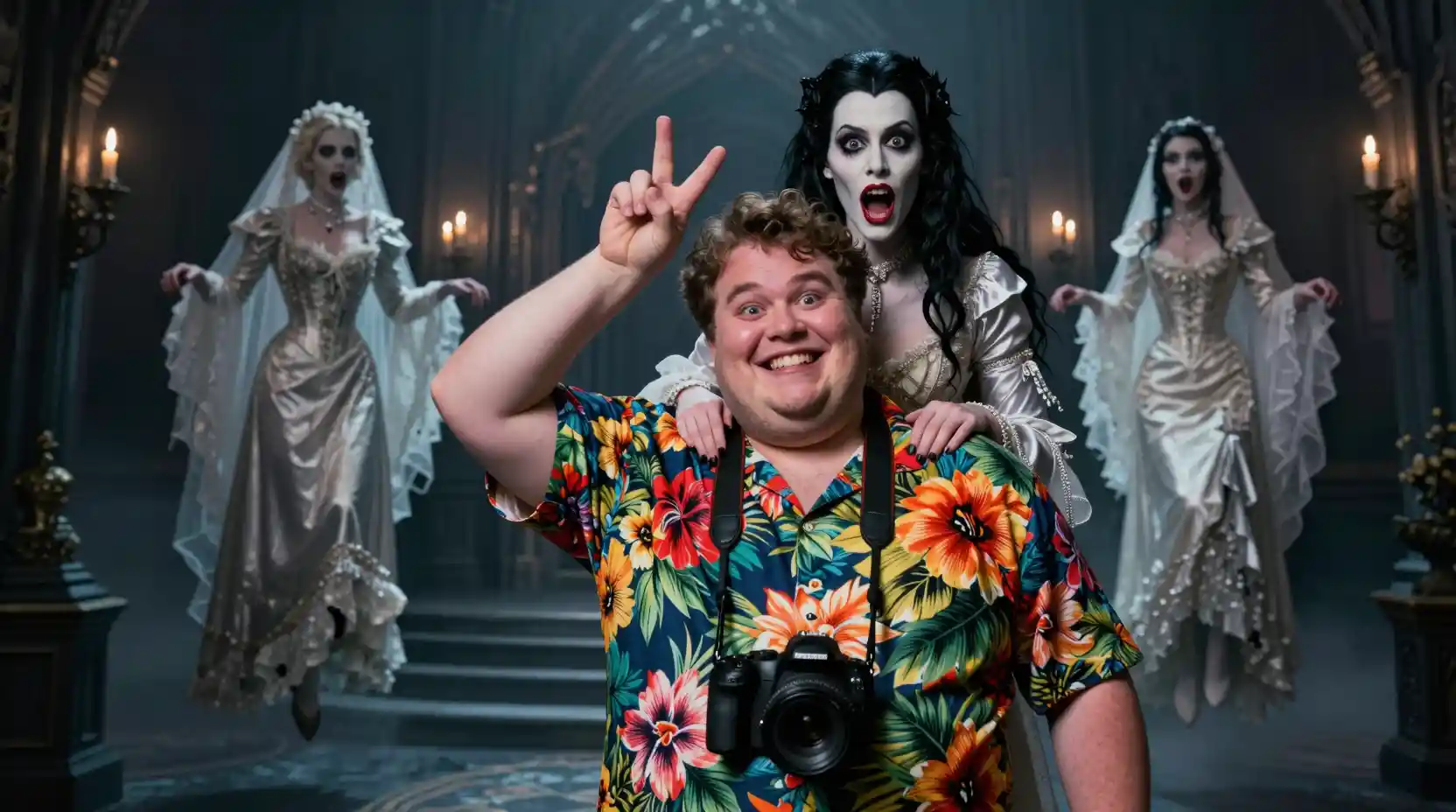 Tourist posing with vampire bride in a gothic castle hall
