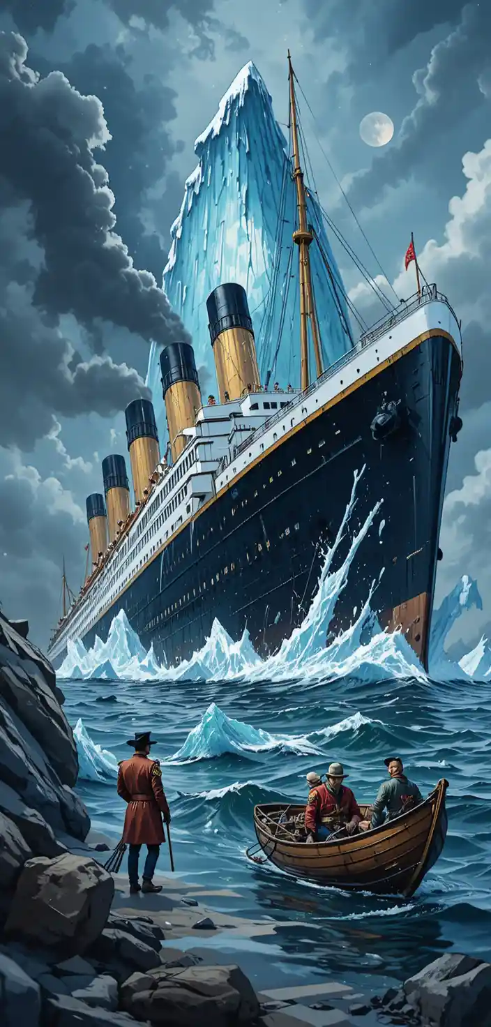 Titanic ocean liner approaching a massive dark iceberg