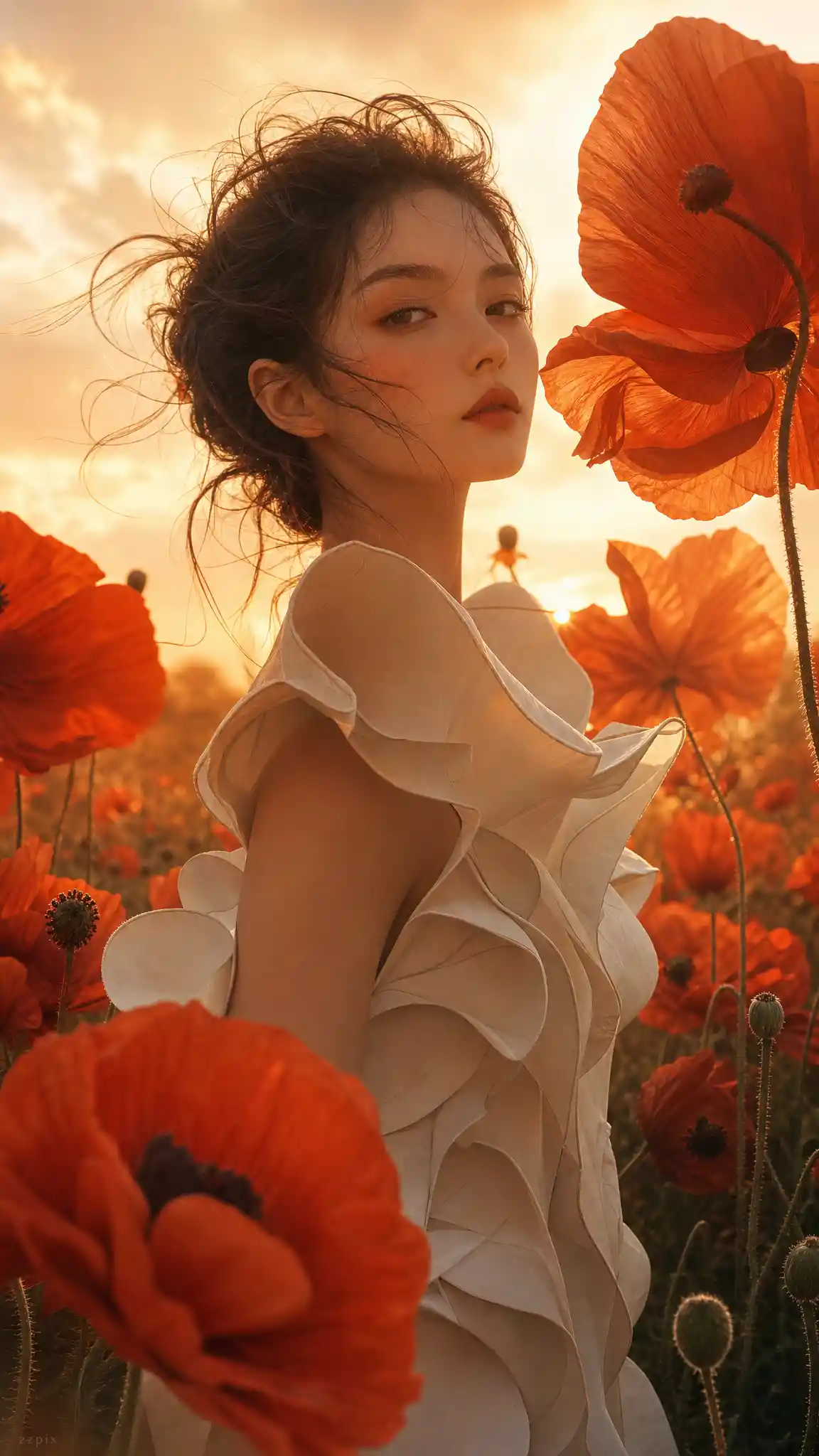 Anime woman in white couture amid towering poppy field