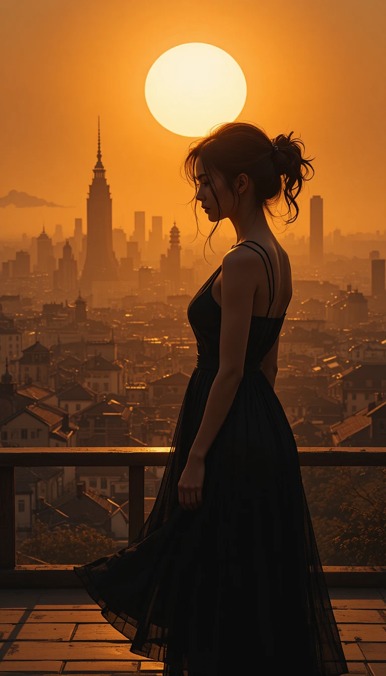 Young woman on pier watching a glowing sunset city