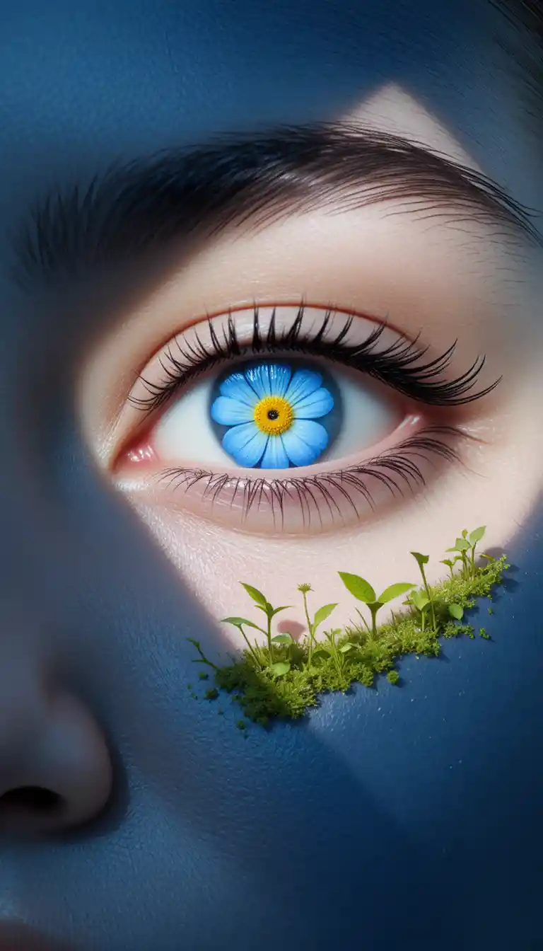 Macro human eye with blue flower iris and plants